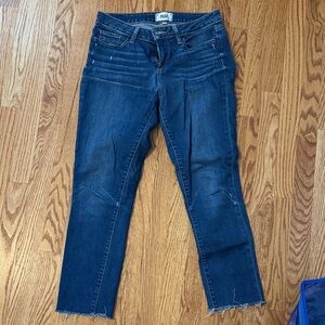 PAIGE Dark Blue Cropped Raw-Hem Jeans